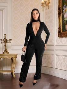 Fashion Elegant Summer Sexy V Neck Long Sleeve Sparkling Rhinestone Wrap Hipster Jumpsuit For Women New Birthday Party Festival Outfits - Black - View 2
