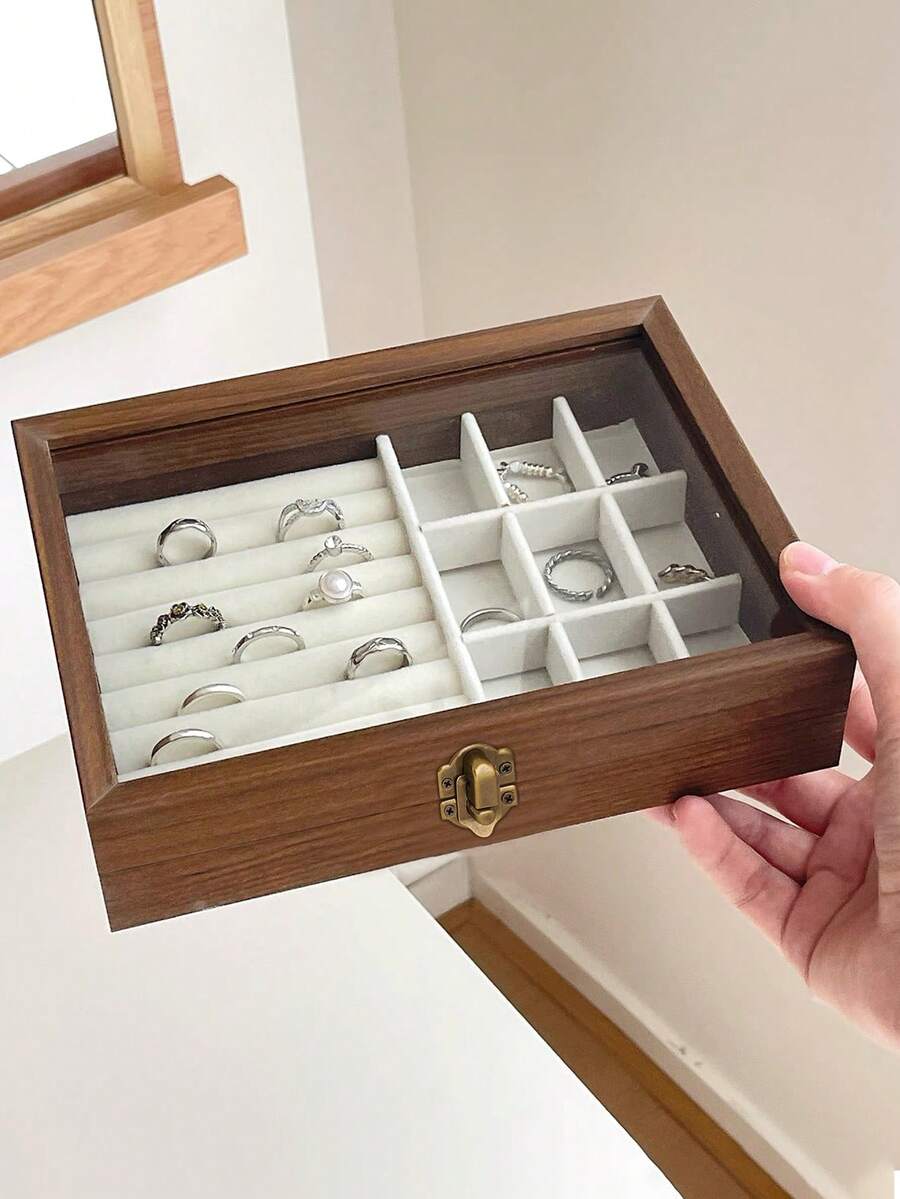 1 pieza Caja de joyería de grano de madera, caja de joyería exquisita de alta gama a prueba de polvo transparente, estuche de joyería, caja de almacenamiento, caja de embalaje, caja de maquillaje, diseño de tapa abatible, vidrio transparente, pequeña caja de almacenamiento de joyas de estilo retro chino con tapa de vidrio para protección contra el polvo, utilizada para guardar collares, pulseras, anillos, regalos para novia/esposa, decoración de la habitación, decoración de la habitación - Multicolor - Ver 1