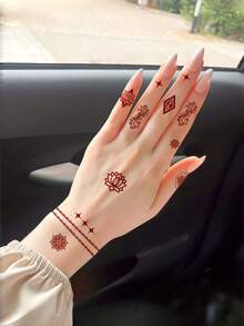 3张海娜临时纹身贴纸，红色曼陀罗图案，防水海娜纹身贴纸，曼陀罗手部纹身，适用于节日、斋月装饰、女士化妆、新娘婚礼、情人节、斋月配饰 - 棕色 - 查看 6