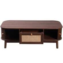 Coffee Table - Rattan Coffee Table, Drawers With Rattan And Sliding Doors With Solid Wood Slats, Solid Wood Legs, Natural Country Style. - Natural - View 11