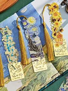 1pc Vintage Oil Painting Style Metal Bookmark, Classic Oil Painting Bookmark Series, Diary/Book Clip Accessory, Essential For Back To School Season - Multicolor - View 3