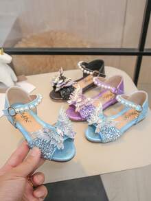 1 Pair Children's Sandals With Rhinestone, Pearl, Bow Decor, PU Patchwork Round Toe, Suitable For Daily Wear, Dance, Outdoor, Festivals, Parties, Glitter Princess Shoes, Fit For Spring, Summer, Autumn - Blue - View 6