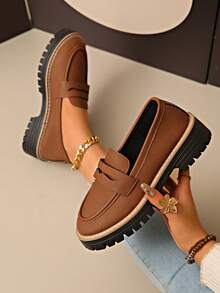 New Loafer Shoes Women Thick Sole Casual Slip-On Shoes, Fashionable, Comfortable, Non-Slip - Brown - View 1