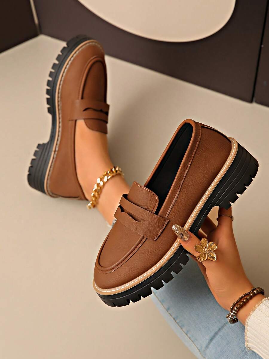 New Loafer Shoes Women Thick Sole Casual Slip-On Shoes, Fashionable, Comfortable, Non-Slip - Brown - View 1