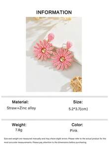 1 Paar Nische Urlaubsstil vielseitige Sommer handgemachte Raffia Sonnenblumen Ohrringe, romantische modische personalisierte handgewebte Raffia rosa Blumen Anhänger Ohrringe geeignet für Damen Alltag, Party und Urlaub (handgewebte Methode zufällig, handgefertigt kann leichte Klebstoffrückstände aufweisen) - Pink - Übersicht 8
