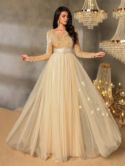 Faeriesty Elegant Long Party Dress | Long Sleeve Deep V-Neck, High Slit Hem, Shiny Stretchy Fabric, Fitted Silhouette, Suitable For Formal Dinners, Parties, New Year Celebrations, Weddings, Galas And Other Occasions.