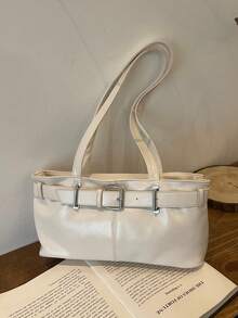 1个复古大容量手提包，通勤超大腋下包，时尚摩托车手提包，PU纯色油蜡皮革，带肩带装饰，拉链封口，女士单肩包，适合工作、大学生背包、短途旅行、度假、购物、商务等场合，日常使用皆宜。 - 白色 - 查看 9