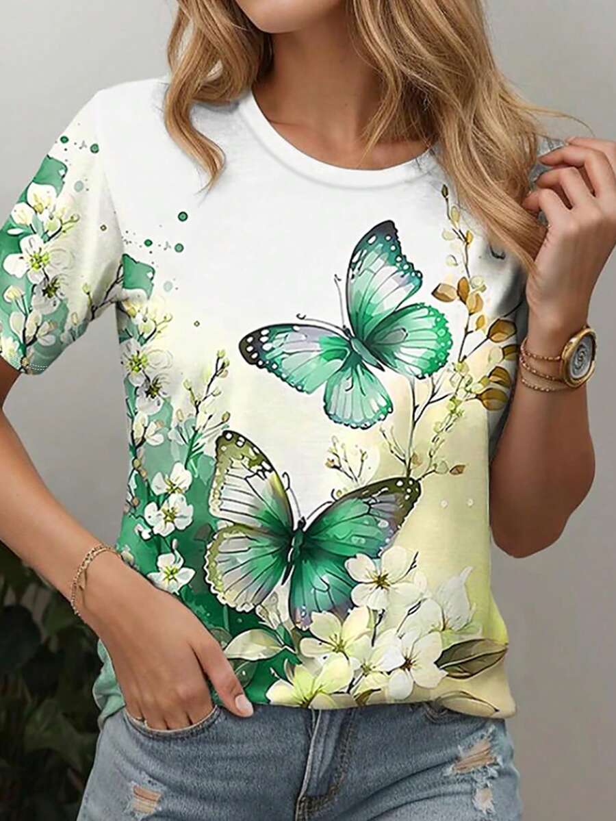 夏季新款时尚绿色蝴蝶印花女式圆领短袖T恤