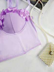 Lavender Ruffle Flower Bustier Bodysuit - Beach Vacation Sweetheart Corset Top - Mauve Purple - View 2