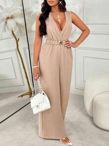 AIJ Amarilo Women's New Summer Elegant V-Neck Jumpsuit With Metal Buckle Waist & Wide Legs, Vacation & Commute Wear - Light Khaki - View 6