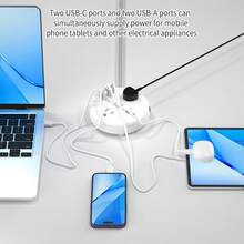 Power Socket With Anti-Surge And Power Switch, Flat Braided Wire Length Of 1.5 Meters, Wall-Mountable, Disk-Shaped Desktop Mobile Power Supply, 7-In-1 Small Power Socket, Including 3 AC Outlets, 2 USB-A Ports And 2 USB-C Ports. - 查看 6
