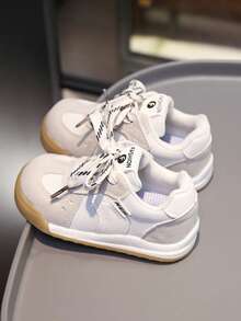 儿童时尚百搭网面透气平底白色运动鞋，休闲轻便舒适，春秋季 - 米色 - 查看 4