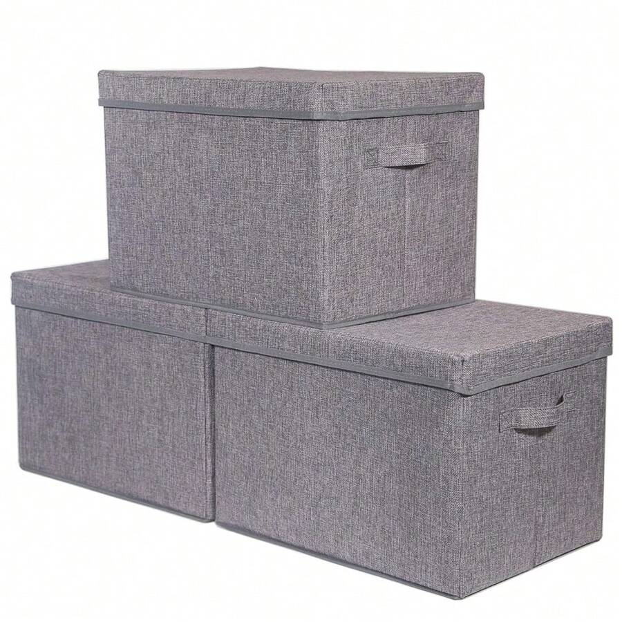 3 Pack Large Foldable Storage Box With Lids Fabric Storage Cube Organizer Cloth Containers Bins Baskets For Closet Clothes Clothing Bed Room - Grey 3 Pack - View 1
