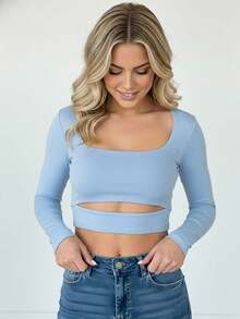 Elegant Women's Long-Sleeved Cropped Top With Front Cutout - Baby Blue - View 3