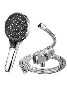 三件套淋浴喷头：加压圆形淋浴喷头，配 59 英寸不锈钢软管和支架，银色淋浴喷头套装 - 銀色 - 查看 2