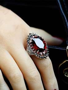 2026 New Collection Of Fine JewelryRetro Exaggerated Design Elegant Women's Fashion Oval Artificial Synthetic Red Garnet Ring Classic Design Women's Engagement And Proposal Ring Birthday Party Anniversary Gift Cocktail Banquet Jewelry High-End Accessories - 藍色 - 查看 9