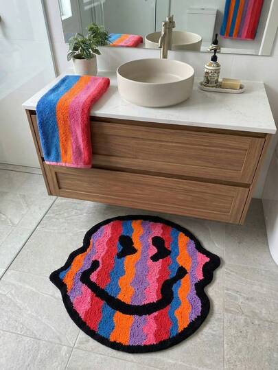 1pc Plush Velvet Doormat - Smiling Face Pattern (Colorful), Soft Striped Asymmetrical (Smiling Eyes) - Suitable For Bathroom, Laundry Room, Kitchen, Sink, Creative Doormat - Easy To Clean