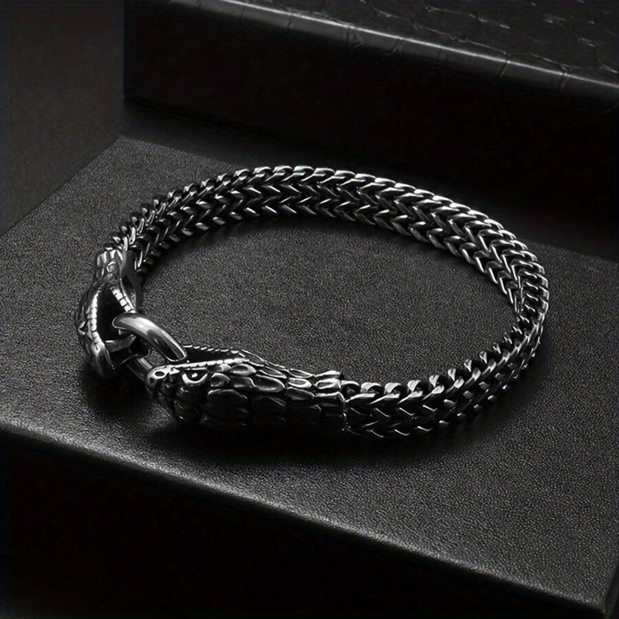 Men's Retro Punk Style Stainless Steel Double Snake Head Bracelet - Gothic Design, Suitable For Party And Casual Outfits, Women Can Also Wear - Bạc - Xem 1