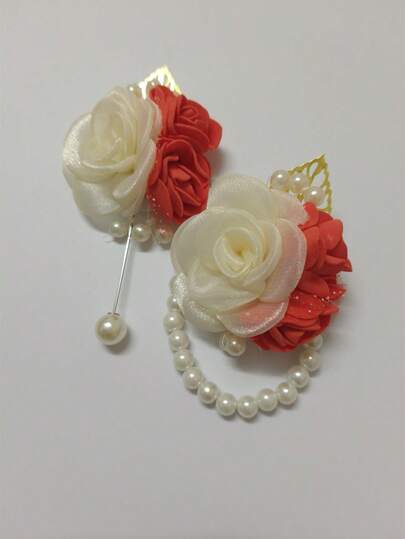 1朵胸花+1朵腕花，藏蓝色玫瑰搭配象牙色玫瑰珠和叶子装饰，新娘胸花，伴娘花，婚礼派对，舞会，日常佩戴花卉配饰，浪漫胸针，情人节装饰