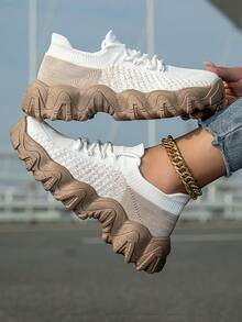 Women's Walking Shoes, White Knit Sneakers With Brown Wave Sole Design & Gold Ankle Chain, Breathable Athletic Shoes For Casual Wear, Comfortable Fashion Gift For Her - 白卡 - 查看 5