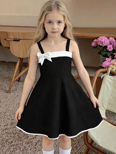 Elegant And Fashionable Spring/Summer Girls Dress, Classic Black And White Color Block Spaghetti Strap Bowknot Dress, Suitable For Birthday, Party, Outdoor Daily Activities, Also Can Be A Gift For Kids