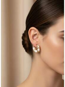 Elegant Minimalist Hoop Earrings |   Designer Wave Pattern With White Enamel & Gold Finish |   Lightweight Luxury Everyday Jewelry - White - View 13