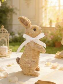 1pc Rabbit Figurine With White Ribbon - Farmhouse Style Easter Spring Home Decor, Cute Rabbit Tabletop Ornament, Suitable For Living Room, Bookshelf, Fireplace, Ideal Gift For Rabbit Lovers And Housewarming - Multicolor - View 8