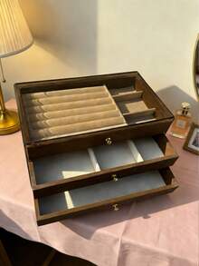 1个豪华胡桃木首饰盒，三层木质首饰收纳盒，带抽屉，亚克力首饰整理架，经典设计，可收纳耳环、戒指、项链、手镯、吊坠，浴室及桌面收纳盒，可堆叠，优雅奢华的妻子礼物展示盒，家居装饰 - 彩色 - 查看 6