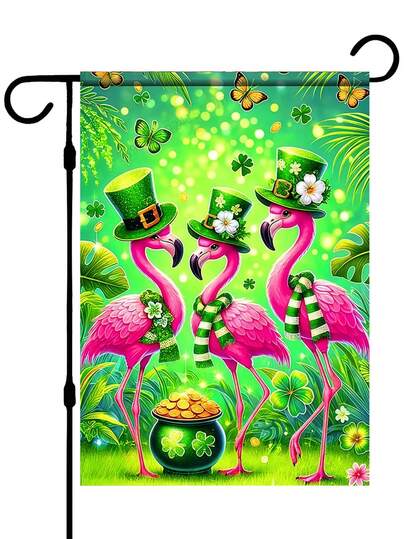 1 Stück St. Patrick's Day Glücksflamingo Gartenflagge, grüner Hut & Kleeblatt Goldtopf Deko Flagge, Outdoor Yard Feiertags Dekoration Flagge (Fahnenmast nicht enthalten)