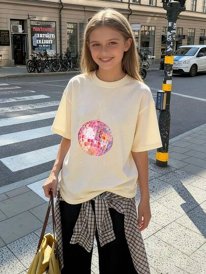 1pc Tween Girls' Printed Short Sleeve T-Shirt, Student Youth Clothing, Summer Gift For Kids