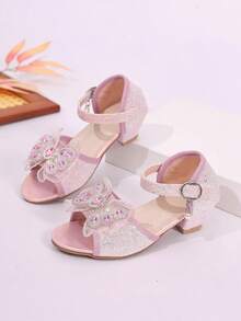 1双夏季儿童公主风新款凉鞋，女童珍宝粉色水钻蝴蝶结魔术贴连衣裙鞋 - 粉色 - 查看 16