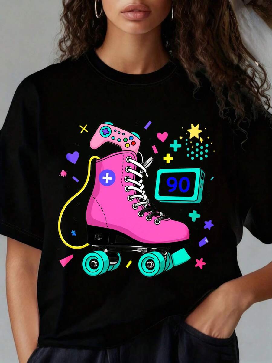Women's T-Shirt With Round Neck And Short Sleeves, Fun PrintingRetro Roller Skate 90s Nostalgia Gaming Controller Neon Pink Roller Skates T-Shirt For Women Men Unisex Streetwear Fashion TopSuitable For Valentine's DayChristmas Partysports Activitiesholiday Partiesoutingssports And Other Holiday Gifts (220g). - 黑色 - 查看 1