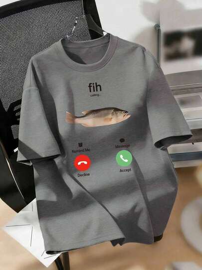 Fih" Misspelled Fish Graphic Short Sleeve Classic Heavyweight T-Shirt For Women, Unisex Soft Breathable Casual Top, Suitable For Summer Daily Wear, Outings, Parties, School, Music Festivals, Vacations, Also Makes A Great Gift For Family, Boyfriend/Girlfriend, Friends