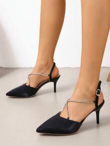 Silver Rhinestone Decor Pointed Toe Ankle Strap Sexy High Heel Sandals, Elegant French Style Open Toe Stilettos For Spring & Summer, Run Small By Half Size - Black - View 4