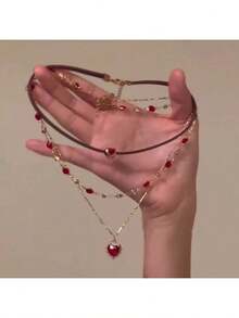 2件套红色水晶情侣项链，女士性感双层颈链锁骨项链首饰礼品 - 皮革+雙層紅色 - 查看 5