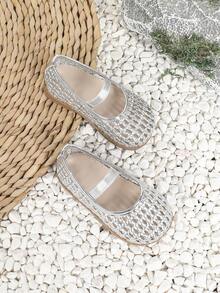 1 Pair Girls Casual Hollow Out Flat Princess Shoes, Suitable For Summer - Silver - View 3