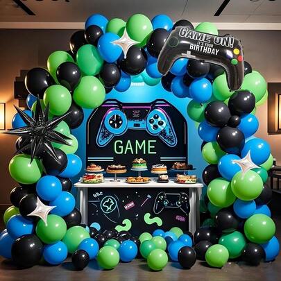133-Piece Balloon Garland Arch Set, Game Theme, Including 10/5-Inch Black, Green And Blue Latex Balloons Designed As Game Controllers, As Well As Black Star-Shaped Foil Balloons, Perfect For Birthday Celebrations And Game-Themed Parties.
