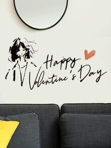 1张情人节爱心线条女孩墙贴，可移除卧室客厅墙面装饰