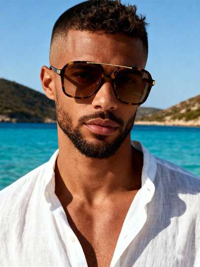 1 Pair Retro Double Bridge Square Fashion Glasses, High-End Street Style, Elegant Vintage Versatile Men's Glasses, Beach Vacation Accessory Aviator Fashion Glasses