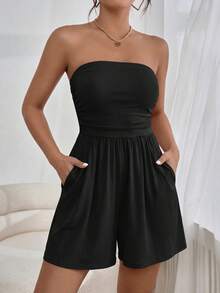 Women Summer Romper Strapless Tube Ruffle Boho Loose Shorts Jumpsuits Pockets Casual Daily Spring Holiday Beach Vacation Airport Outfits - 黑色 - 查看 1