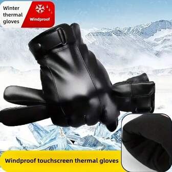 1 par de guantes de cuero para hombres, forrados térmicos para invierno, a prueba de viento e impermeables con pantalla táctil para conducir motocicleta, color negro