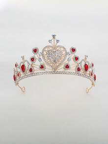 1pc Heart-Shaped Red Gem Studded Crown, Multi-Layer Heart Design, Suitable For Parties, Dates, Princess Style Headpiece