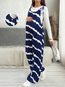 可调节蓝色波浪不对称孕妇连体裤，适合度假夏季穿着 - 藍色 - 查看 6