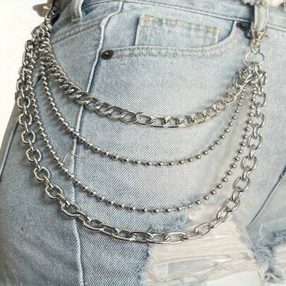 Metallic Metal 1pc Heavy-Duty Layered Chain Belt - Hip-Hop Punk Industrial Chains For Jeans, Pants, Outfits - Unisex Layered Chain Accessory For Men & Women - Everyday & Party Streetwear - Durable Construction - All-Season Fashion Jewelry, Hip Hop Jewelry, Versatile Accessory, Edgy Aesthetic, Sturdy Construction, Statement Piece, Urban Style, Bold Design, Highquality Metal, Alternative Fashion