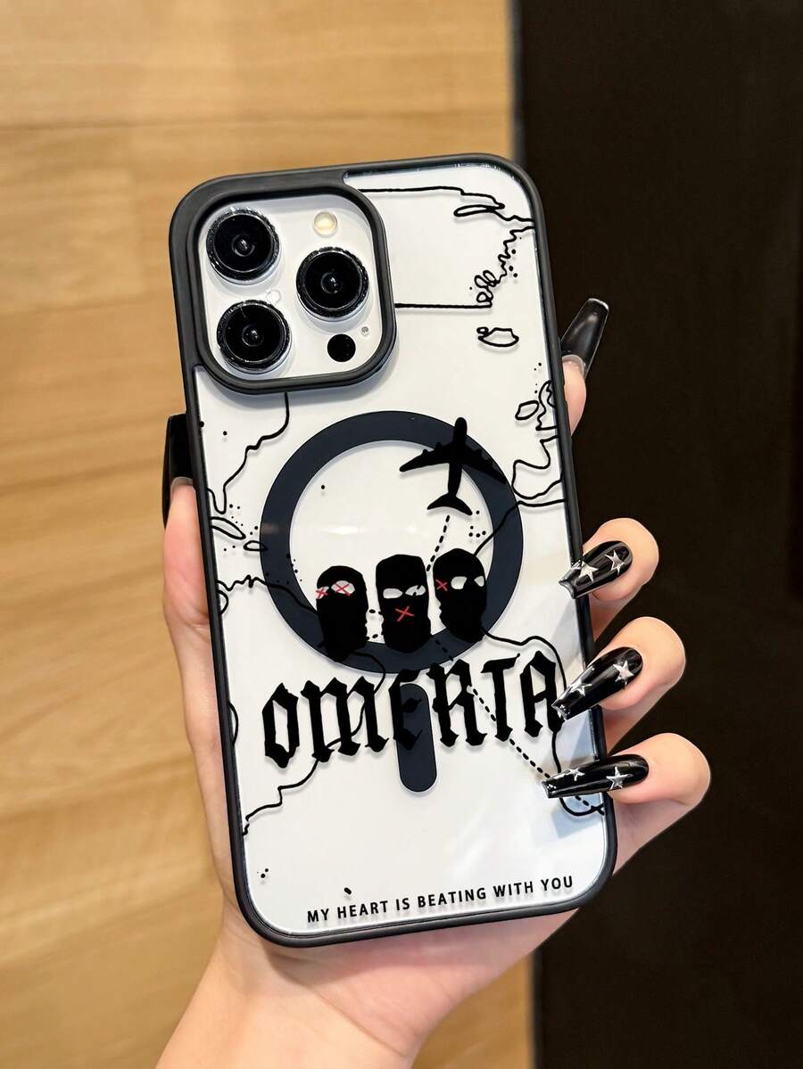 1pc New Creative Black Magnetic Unique Airplane Route Masked Person Pattern Phone Case Compatible With IPhone 16 Pro Max, 11/12/13/14 Plus, XR/7/8 Plus, 15 Pro Max, 17 Pro Max, Air - Black - View 1