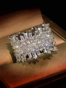 1pc Luxury Geometric Zirconia Encrusted Cocktail Ring, Elegant & Sophisticated Design, Suitable For Women's Wedding, Party, Holiday, Pair With Evening Gown - Silver - View 7