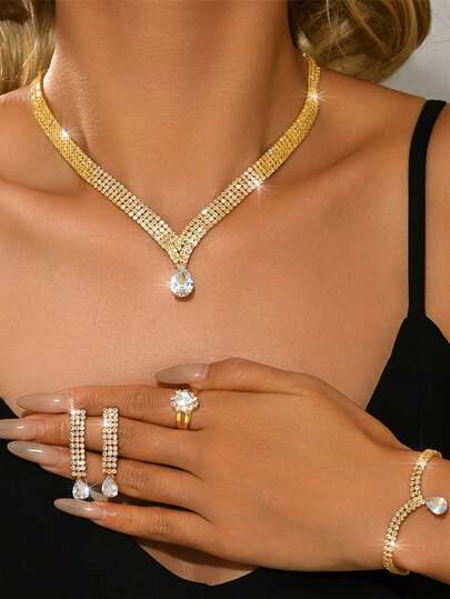 4pcs Elegant Sparkling Multi-Layer Crystal Water Drop Pendant Necklace, Earrings, Bracelet, Ring Jewelry Set, Bridal Wedding Evening Dress Accessories For Women