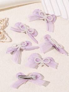 6pcs Girls' Cute Pearl Mesh Bow Hair Clips, Suitable For Daily Wear - Multicolor - View 5
