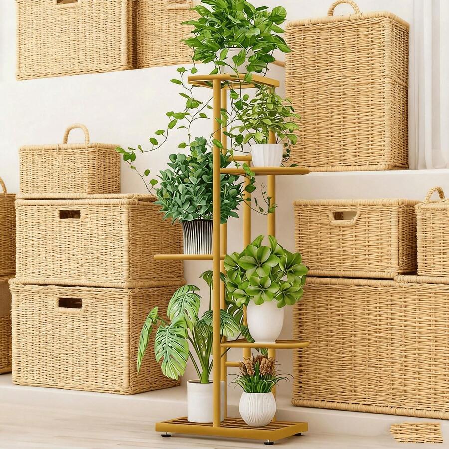SHENGMAO--2/3/4/5/6-7Tier Plant Stand, Iron Flower Stand,Heavy-Duty Metal Frame, Metal Flower Stand, High-Angle Multi-Tier Plant Rack, Indoor/Outdoor Flower Pot Display Stand. Crafted From Iron With A Sleek, Minimalist Design For Easy Disassembly. This Versatile Stand Fits Seamlessly In Living Rooms, Entryways, Offices, Or Outdoor Patios And Gardens. Available In Multiple Colors. - 金色5層 - 查看 1