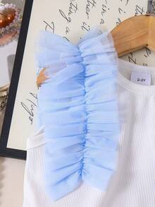 2pcs Young Girls' Forest Style Blue Mesh Patchwork Top And Pleated Bowknot Skirt Set, Summer - White - View 5